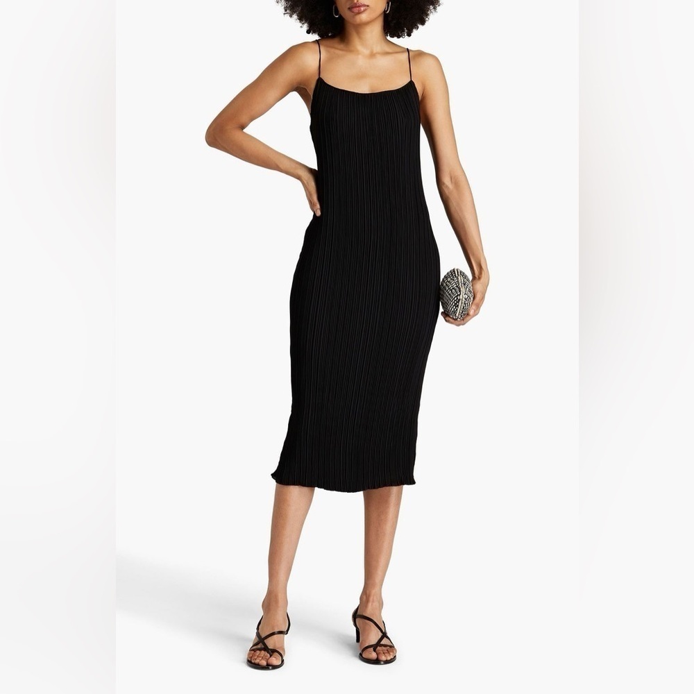 Good American Plissé Midi Slip Dress | Black | Adjustable Straps | Size 0